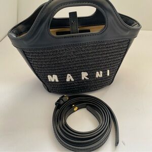Marni Black Woven Tote with White Lettering